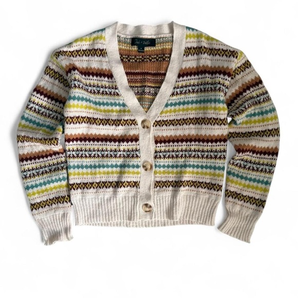Oak & Trellis Sweaters - Cottagecore Multicolor Zig Zag Fair Isle Striped‎ Knit Cropped V-Neck Cardigan M